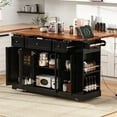 thumbnail image 2 of 53'' Farmhouse Kitchen Island with Two Tempered Glass Cabinet Doors, Kitchen Rolling Island with Power Outlet 5 Open Side Racks and 3 Drawers,Mobile Island Table for Kitchen, Dining Room,Black, 2 of 7