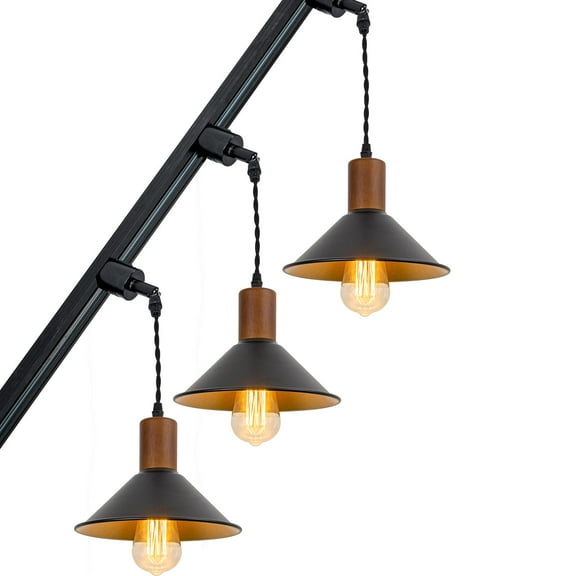 KAYYELAMP Set Three Vintage Design Track Lighting Fixture for Inclined Position Roof Walnut E26 Base Outer Black Inner Gold Metal Shade 3.2Ft Cord J-Type Track Lamp(No Bulb, Track)