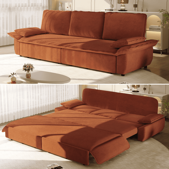 94.5" Pull Out Couch King Size, Futon Sofa Bed, 3-in-1 Convertible Sleeper Sofa Bed with Cushion Armrest, Modern Corduroy Loveseat Couches for Living Room, Small Space, Apartment, Orange