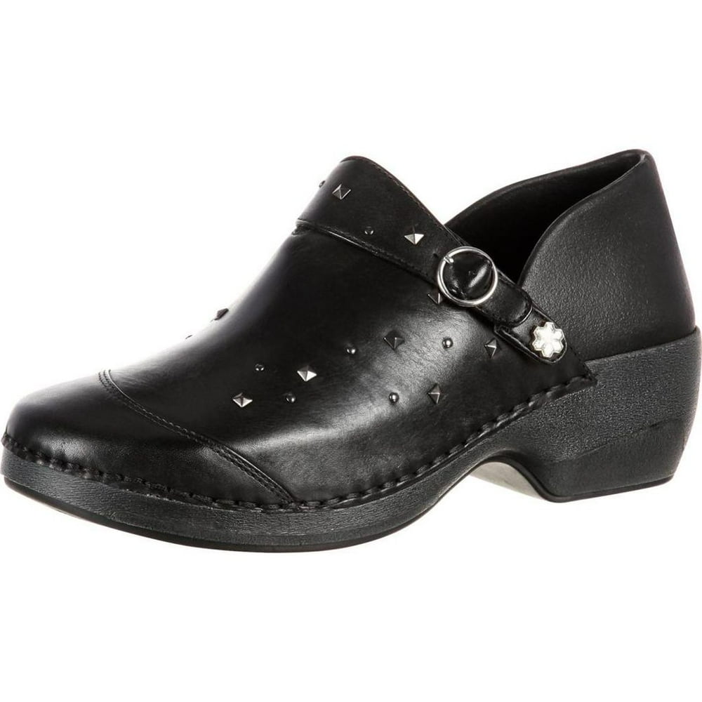 4EurSole Work Shoes Womens Studded Leather Clog Black RKYH040
