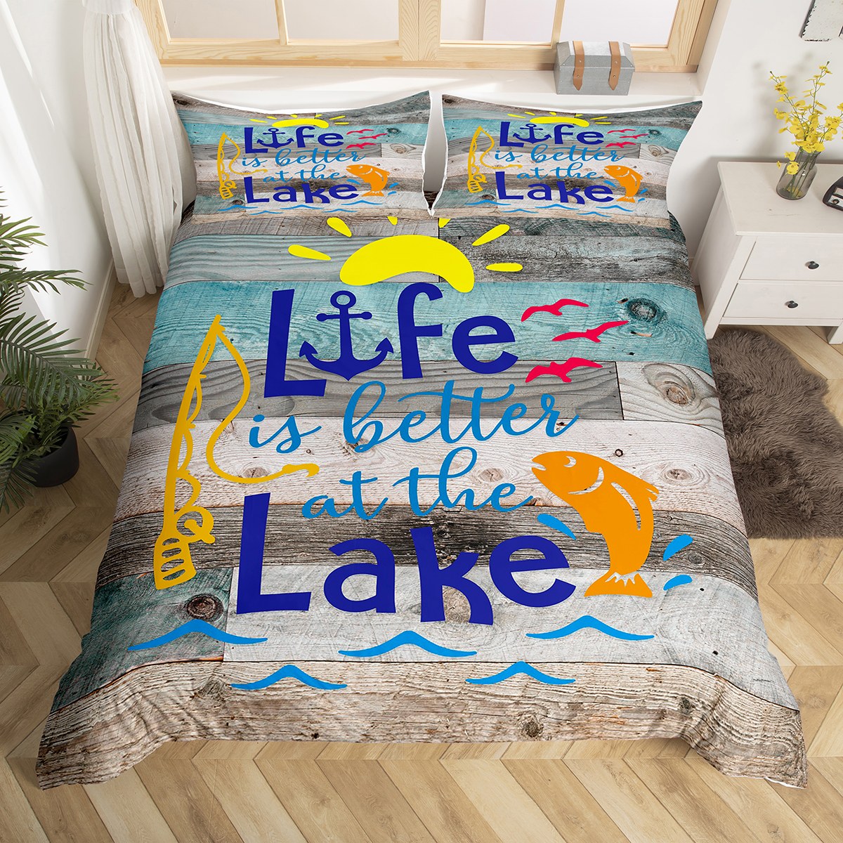 Lake House Bedding Set Fishing Duvet Cover for Kids Boys Girls, Rustic Farmhouse Barn Door