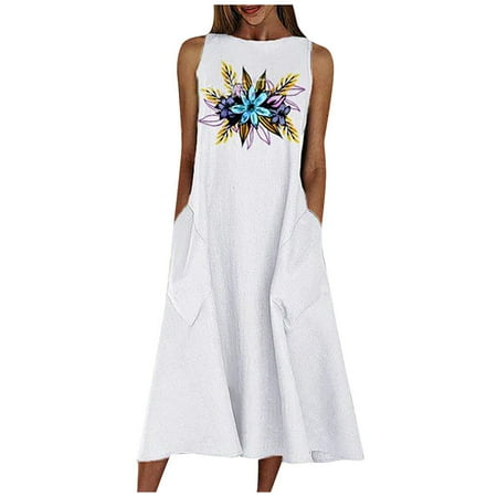 

Long Sleeve Dress for Women Valentines Dress for Women Women Summer Dress O-neck Print Pocket Patchwork Loose Fit Sleeveless Tank Dress on Clearance Maternity Dress Tops Dressy Casual White L