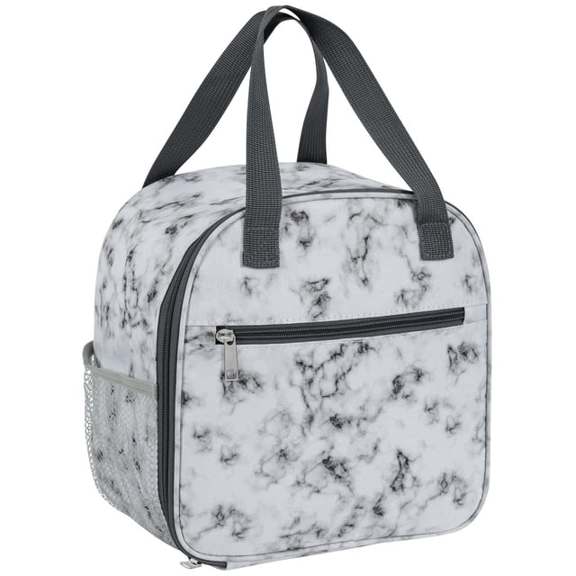 Merangue Isolated Lunch Bag, Marble, Large, angled front view showing a large insulated lunch bag with a white marble pattern and black veining, featuring sturdy black handles, a front zippered pocket, and a side mesh pocket, designed to keep meals fresh for work, school, picnics, or travel, and often used for carrying snacks or small personal items.