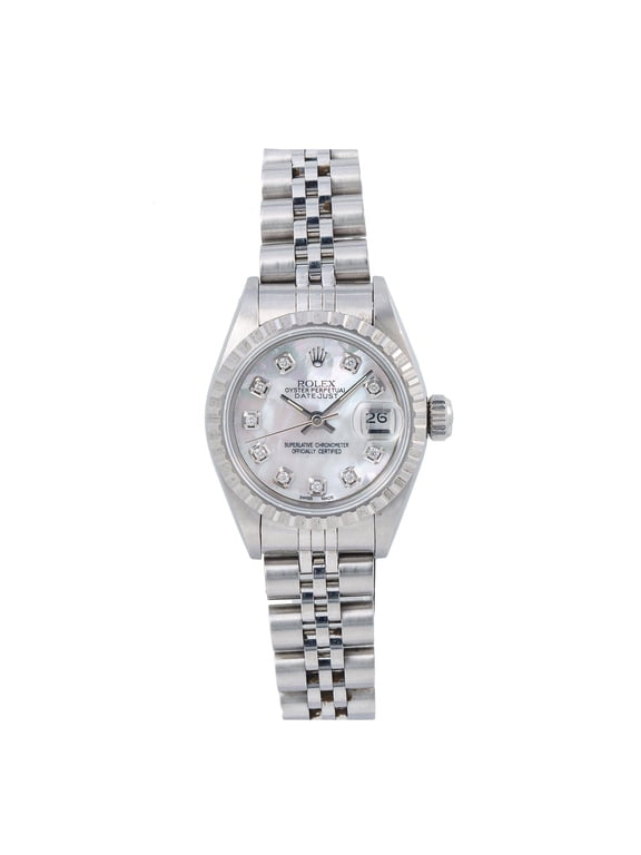 Pre-Owned Rolex Datejust 26MM 6916 White Mother of Pearl Diamond Dial Engine Turned Bezel Stainless Steel Jubilee Bracelet