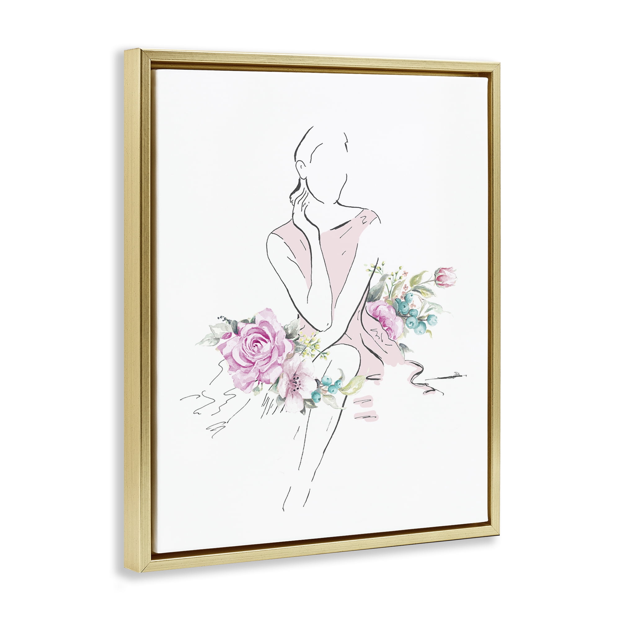 Stupell Industries Soft Floral Fashion Novelty Painting Gold Floater Framed Art Print Wall Art, 25 x 31