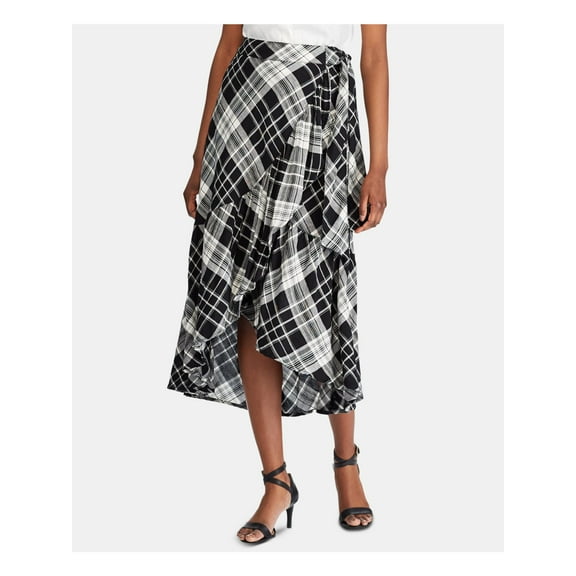 RALPH LAUREN Womens Black Ruffled Plaid Faux Wrap Skirt Size: 10