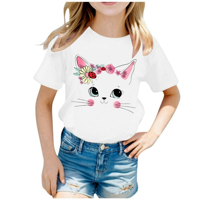 FYDUU Hauts Doux pour Filles T-Shirt Enfants Mignon Imprimé Col Rond Manches Courtes T-Shirts Été Décontracté T-Shirt Hauts Confortables Mode T-Shirts Élégants T-Shirts