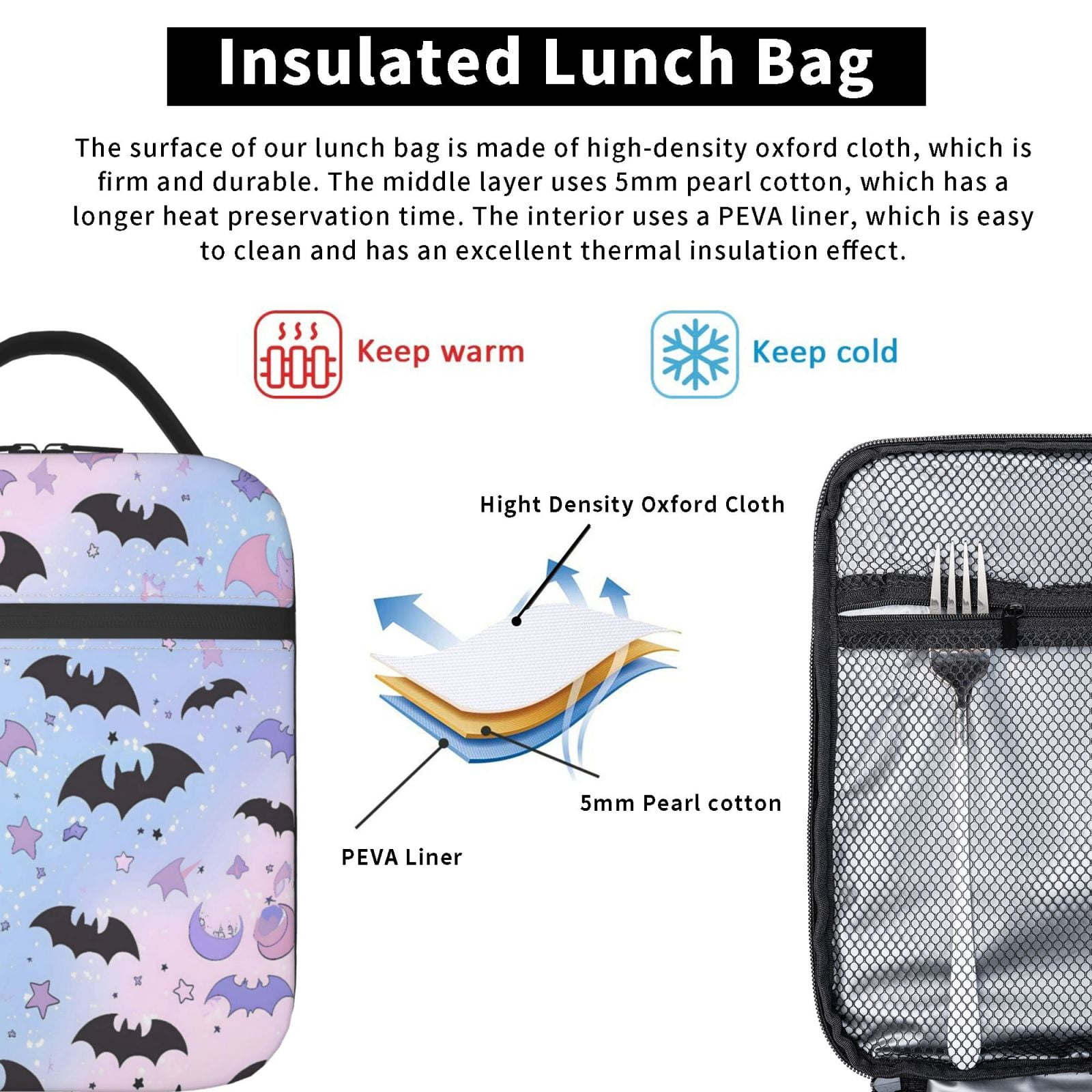 Lunch Bag For Women Men Insulated Portable Lunch Box Bento Box Office Picnic Travel Cooler Bag The Black And Purple Flying Bats In The Sky