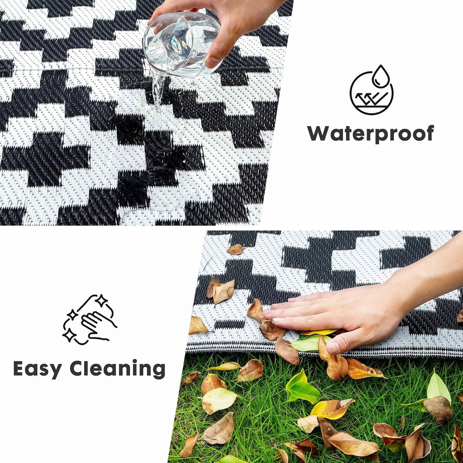 MAYEERTY 9x12 FT Plastic Straw Outdoor Patio Rug, Reversible Diamond Pattern Floor Mat Black and White, Waterproof UV Resistant Large RV Rug for Backyard Deck Beach Camping Picnic Trailer