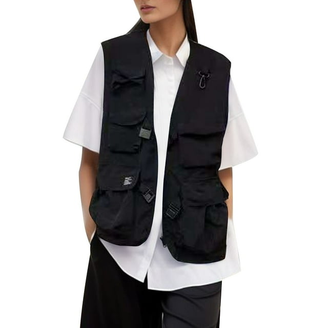 Zmoon Women's Solid Color Functional Workwear Vest with Multiple Pockets Loose Outdoor Sleeveless Vest Jacket