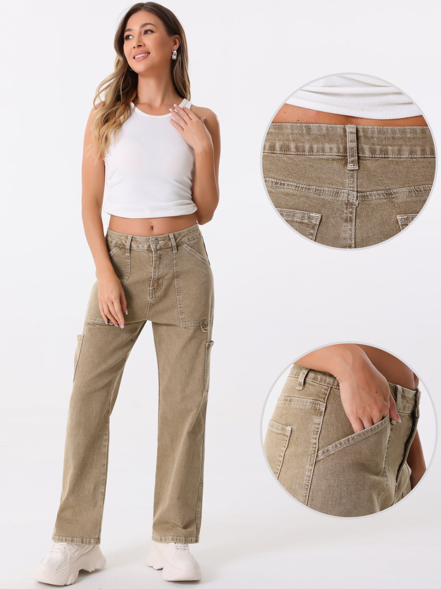 DARING DIVA Women's High Waist Baggy Y2K Street Cargo Pants with Pockets XL Camel
