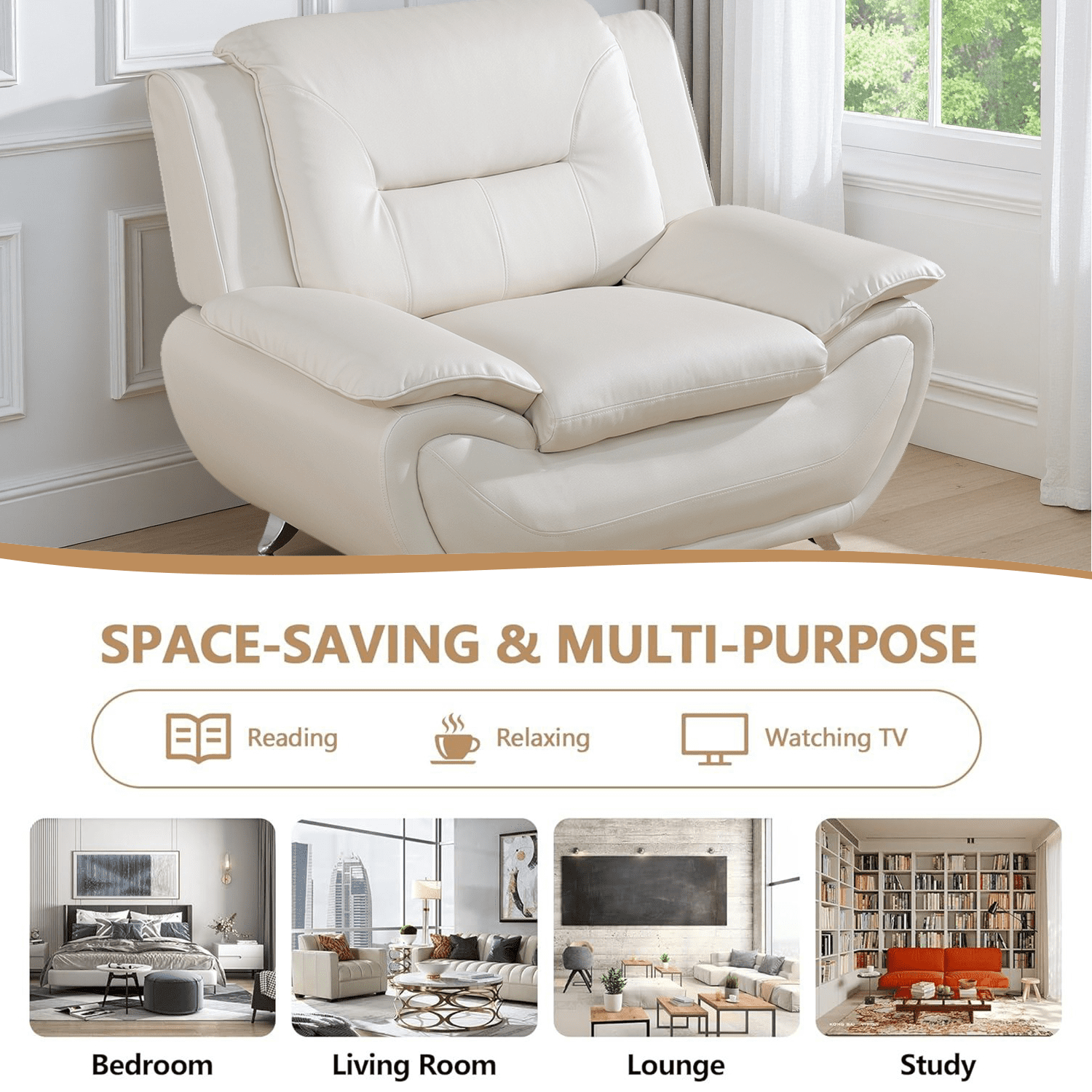 Caberryne Leather Couch Set,Modern Sofa for Living Room Furniture Sets,46" Modern Chair for Living Room/Office/Bedroom/Apartment(Cream)