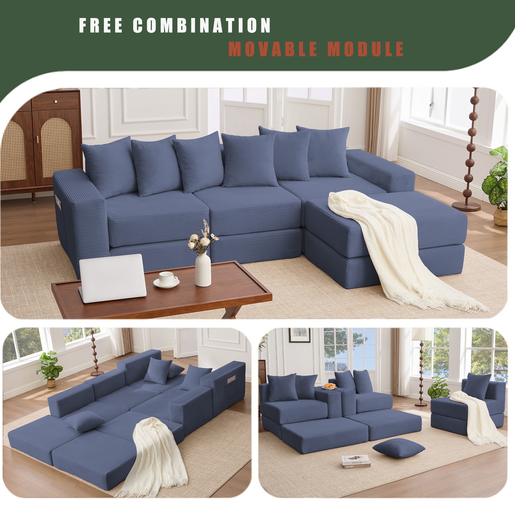 Leumius Convertible Sectional Sofa,Corner Couch,Convertible Floor Sleeper Sofa,10-in-1 Corduroy Modular Sofa,Free Combination Sofa,No Assembly,6 Pillows,Blue
