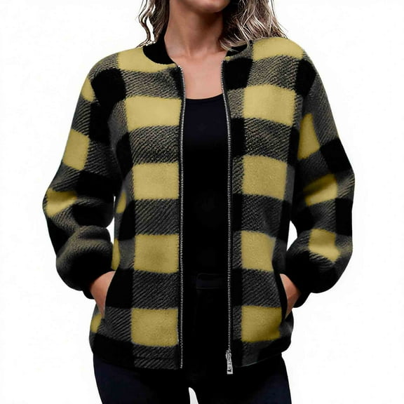 HAiming Plaid Jacket for Women Casual Zip up Long Sleeve Baggy Outwear Coat Fall Trendy Loose Tops with Pockets