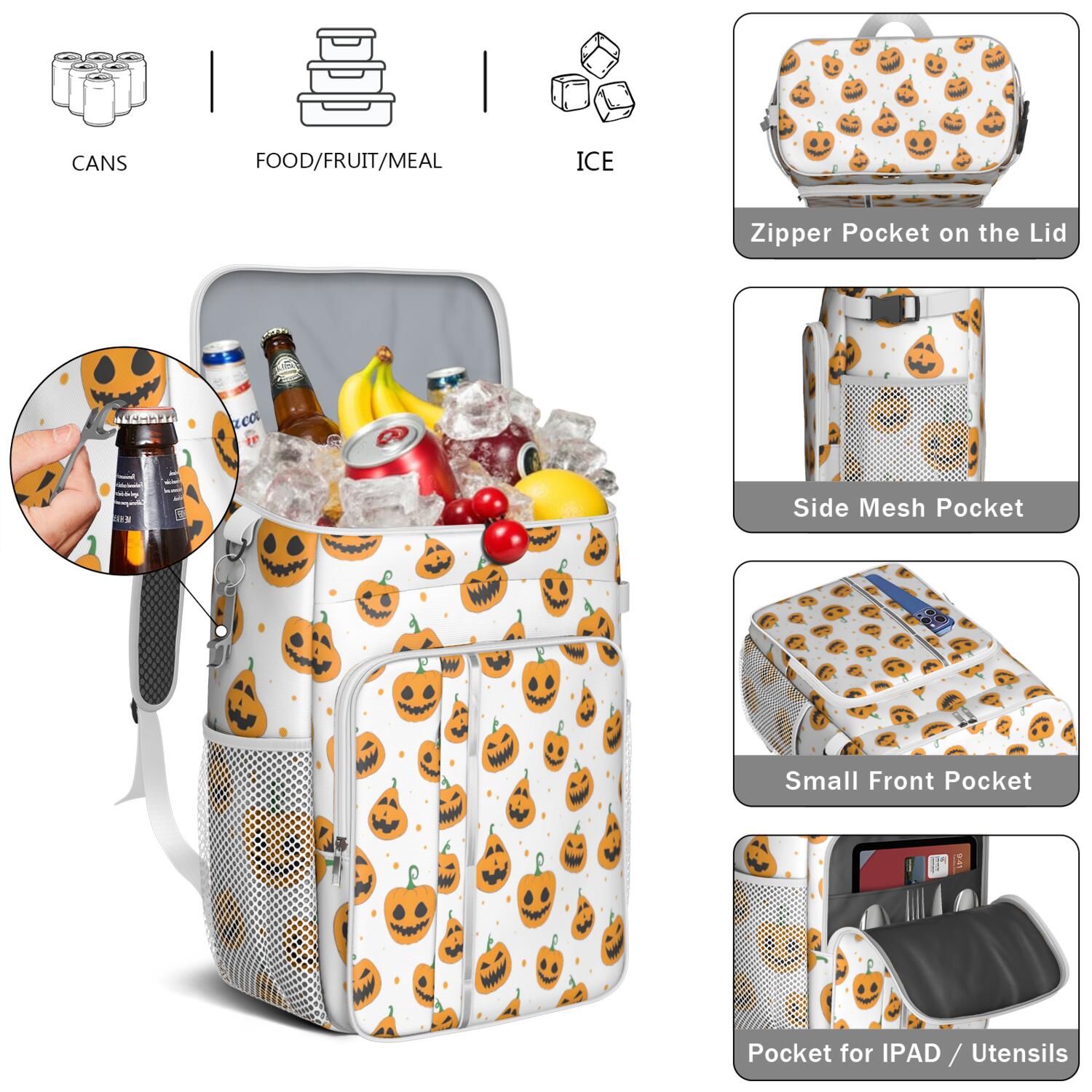 Travel Cooler Bag - White Halloween Jack Camping Beer Cooler Backpack with Bottle Opener- Waterproof Insulated Picnic Backpacks - Cooler Bag for Beach