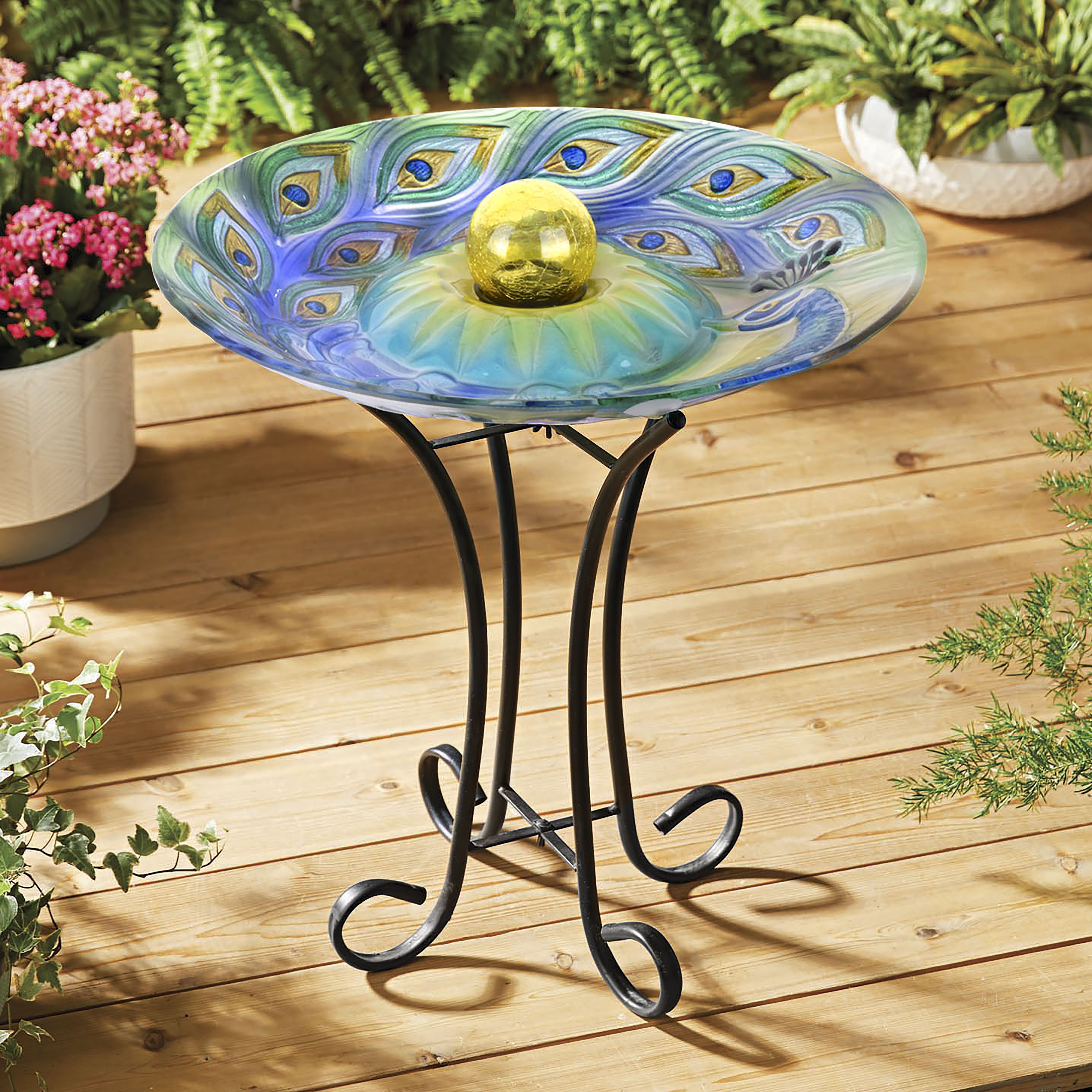 Panacea 82905 16 in Peacock Glass Bird Bath with Stand