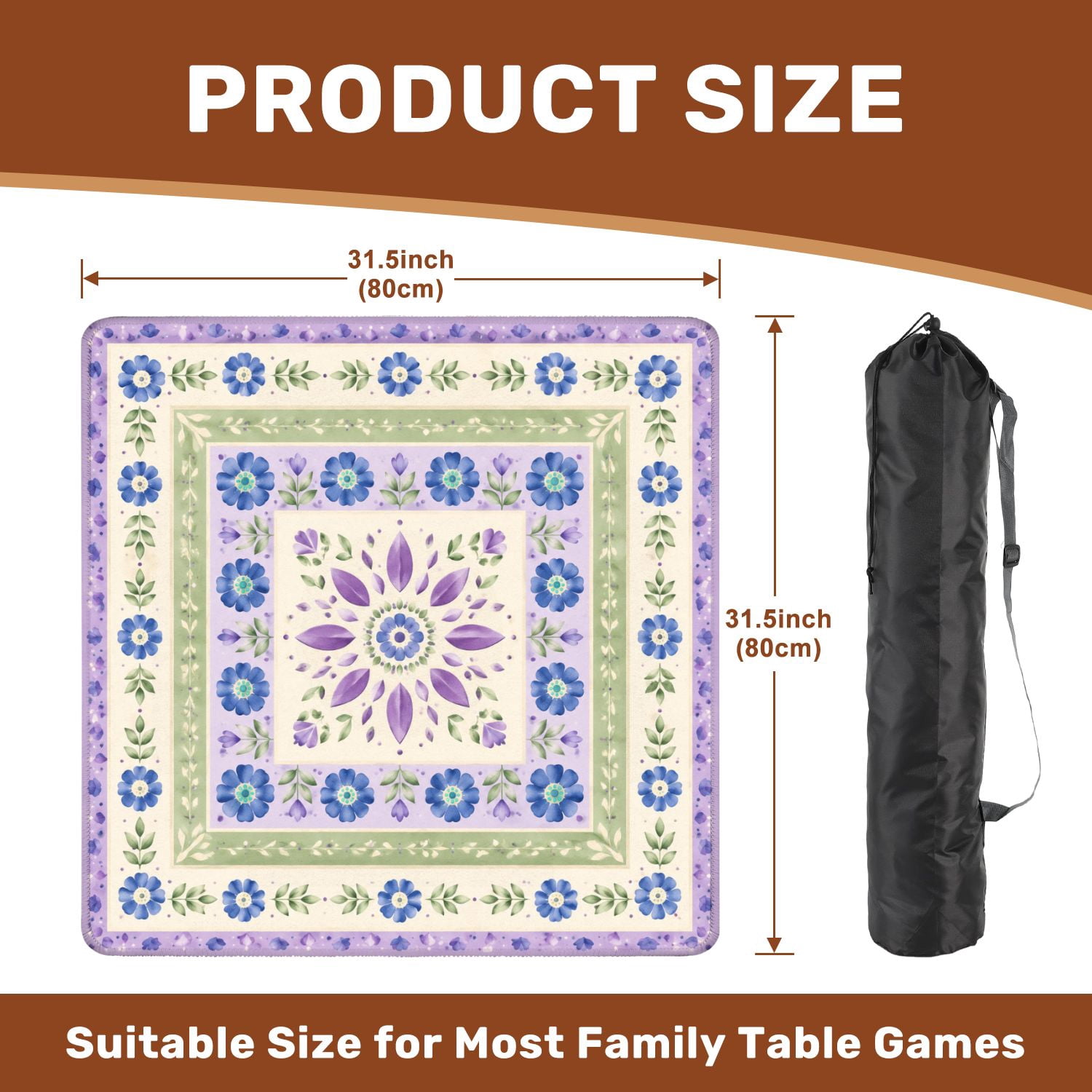 Mahjong Mat 31.5" x 31.5" Floral Geometric Pastel Purple Blue Decorative Borders Non-Slip Noise Reduction Chic Portable Gaming Table Cover for Family Game Night & Gift