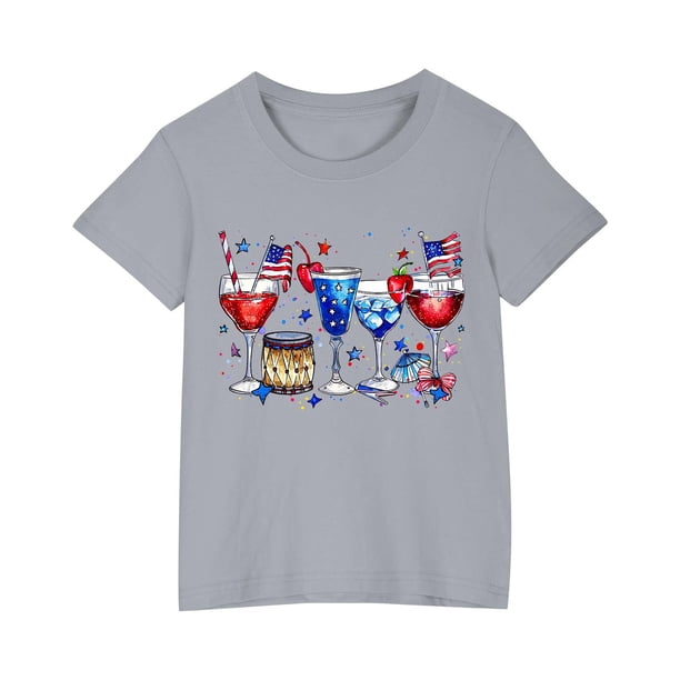 Vestido Corto de Verano Niños Niños Niñas Camiseta de Algodón Cuello Redondo Lindo Día de la Independencia Imprimir Top