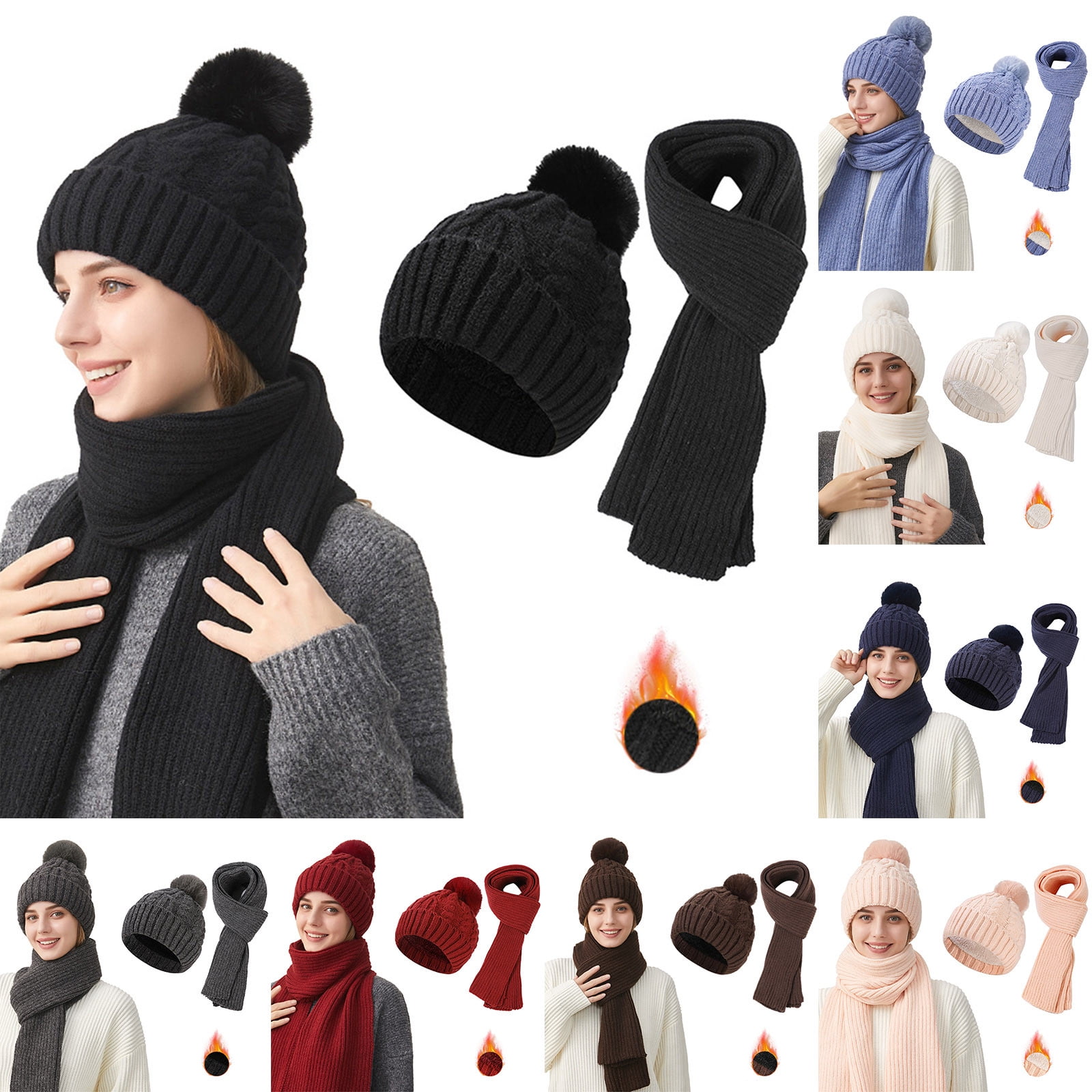 Cadancy Knit Hats for Women with Scarf 2 Piece Set Winter Comfort Warm Pompom Baenies Hat Cute Trendy Outdoor Cold Weather Snow Caps