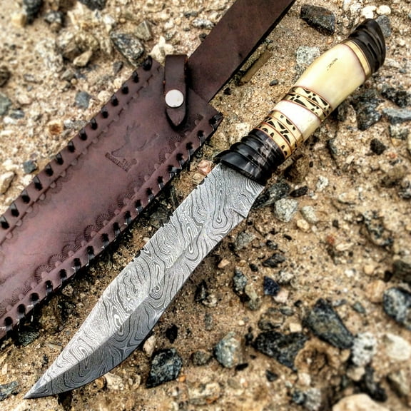 TheBoneEdge 13" Damascus Steel Fixed Blade Bone  Horn Handle Hunting Knife