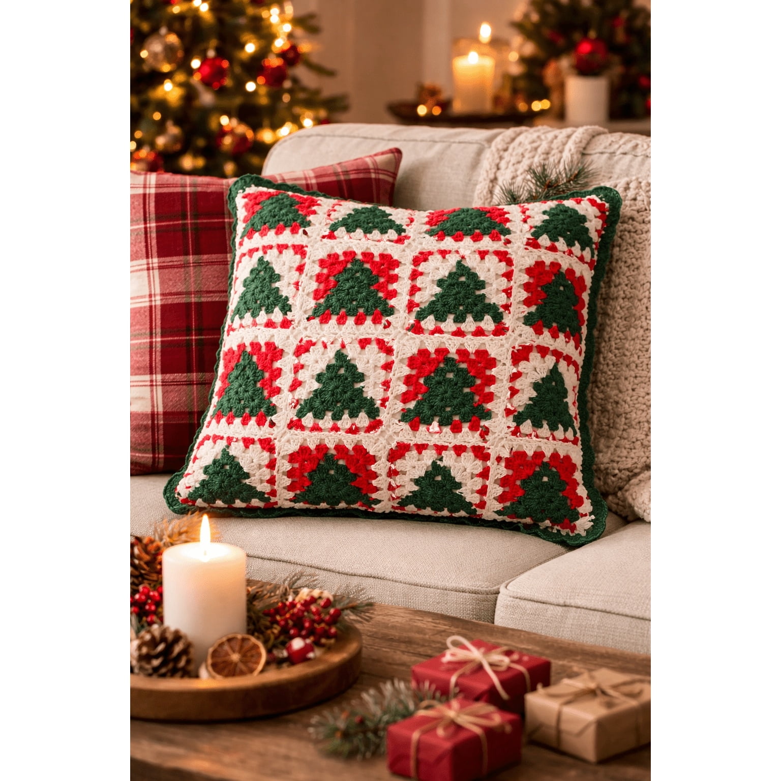 Granny Square Decorative Christmas Pillow, Red/White/Green, 14" x 14", by Holiday Time