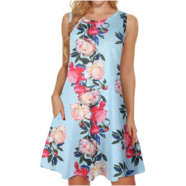 Moda mujer sin mangas Rounk cuello verano cómodo estampado bolsillos Casual suelta tanque vestido Fridja qr2769
