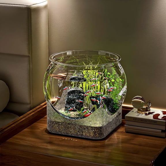 HIBIBUD Small Fish Tank with Filter and Light, Clear Round Plastic Fish Bowl, Break-Resistant Desktop Aquarium for Betta, Goldfish, and Small Aquatic Pets