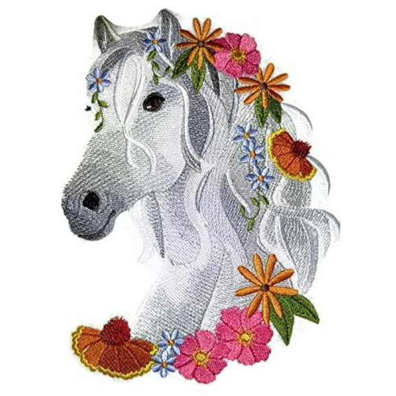 Custom Horse in Wildflowers Embroidery Iron On/Sew patch [7.8" x 5.86"]