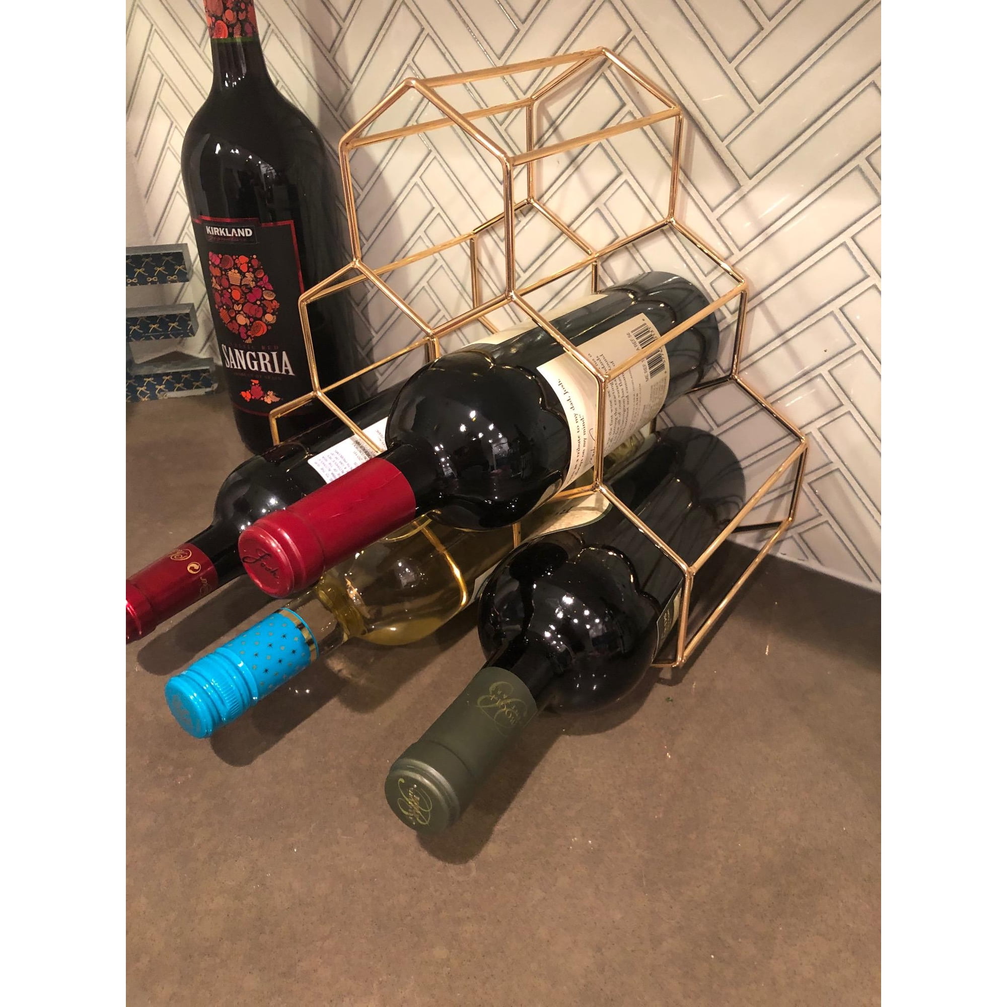 Charmed Metal Wine Racks | 6 Bottle Free Standing Wine Bottle Holder | Tabletop Cabinet Wine Rack | Modern Design Light Weight for Wine Lovers, Rose Gold - 6 Bottle