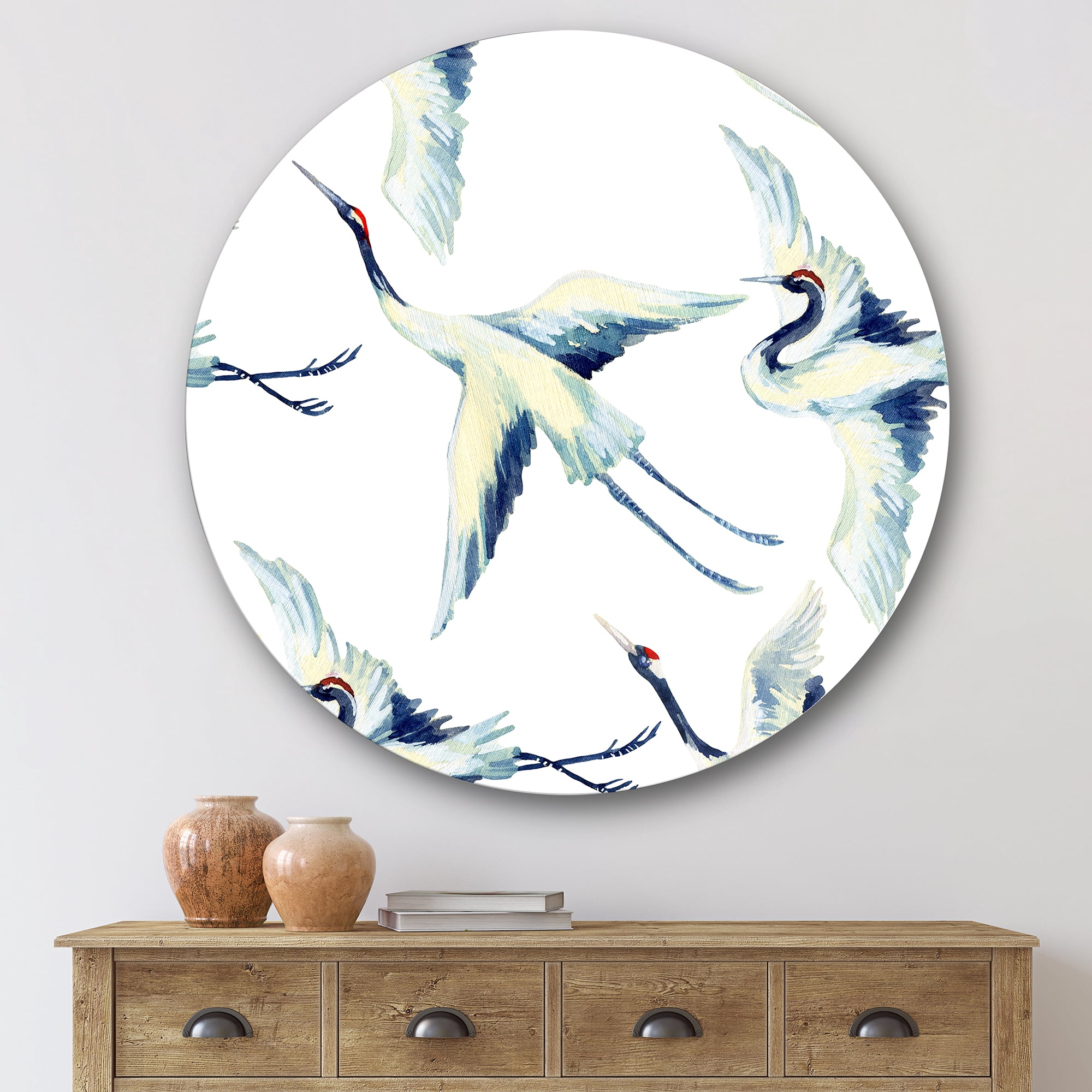 Designart 'Asian Crane Bird Impression I' Traditional Circle Metal Wall Art 36x36 - Disc of 36