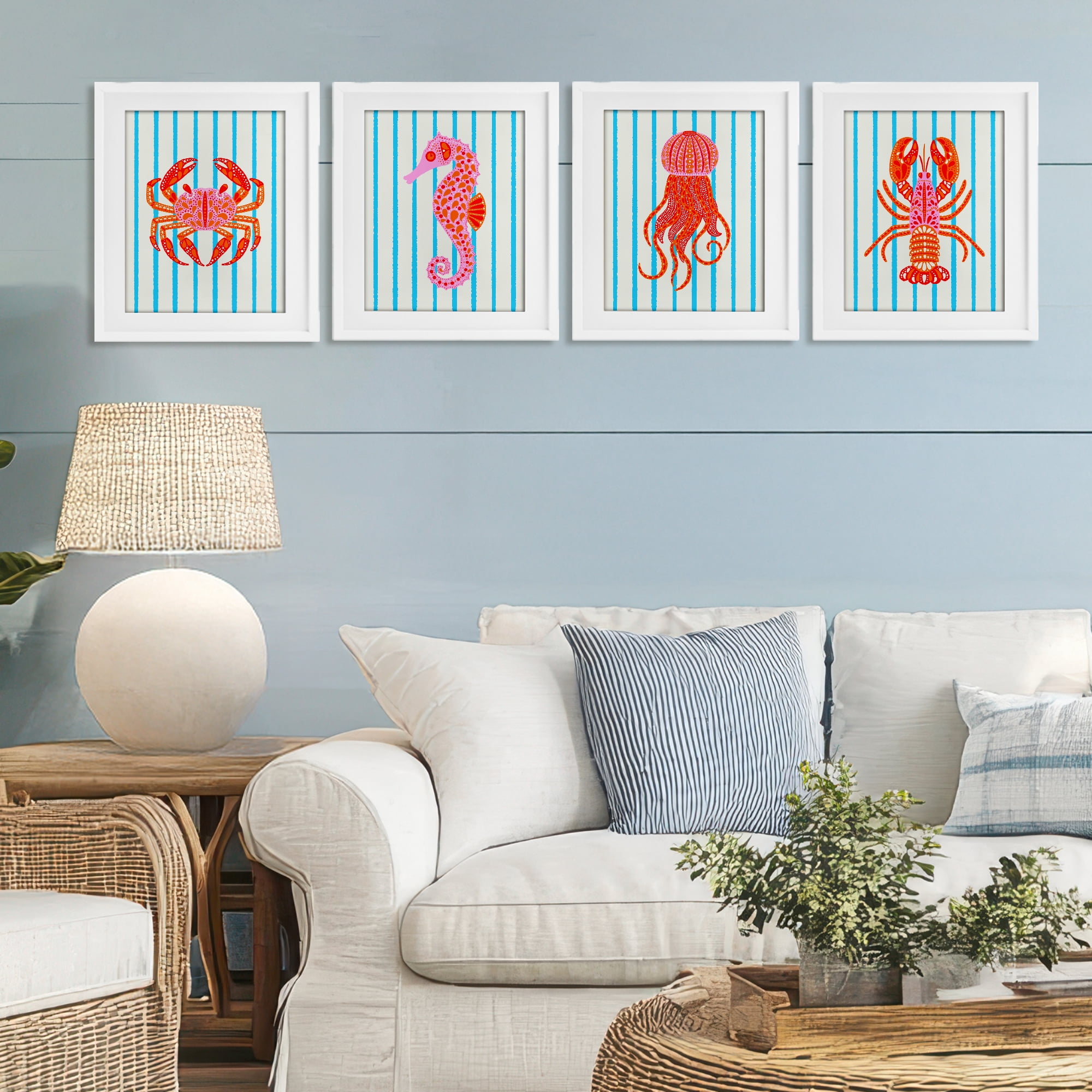 Stupell Industries Bright Sea Creatures on Stripes 4 Piece White Framed Print Under Glass Set, design by Indira Prieto | IndySign