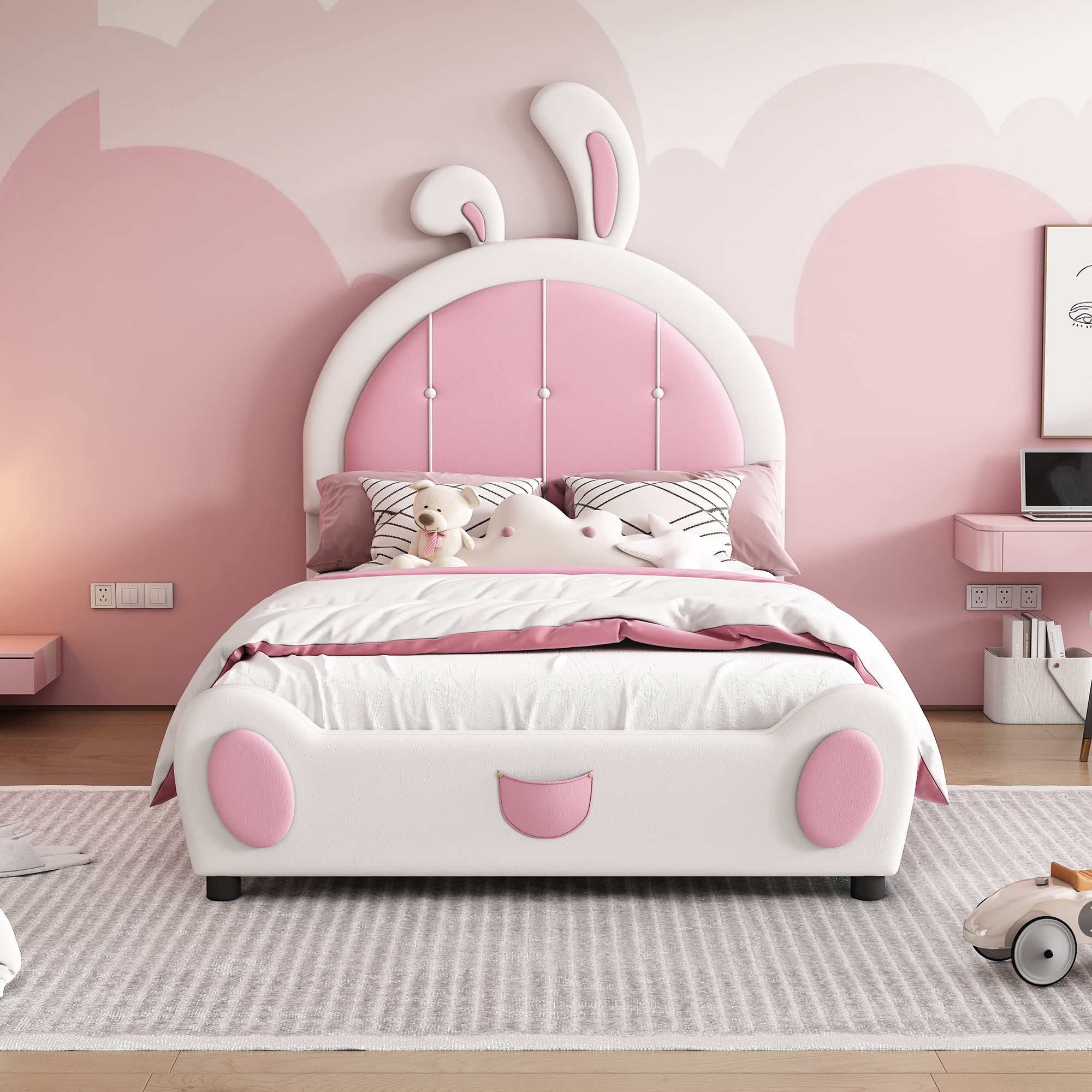 Mintazer Twin Size Upholstered Bed with Bunny Shaped Headboard, Platform Bed for Kids Adult Girl Bedroom Apartment, White & Pink