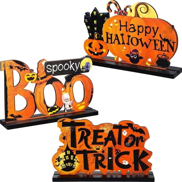 Halloween decoraciónes Adornos de mesa de madera con mensaje Feliz Halloween, letreros de decoración de mesa Cushaw naranja, decoraciones para fiestas de Halloween