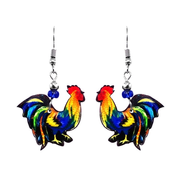 Rooster Farm Animal Graphic Dangle Earrings - Womens Fashion Handmade Jewelry Wildlife Accessories