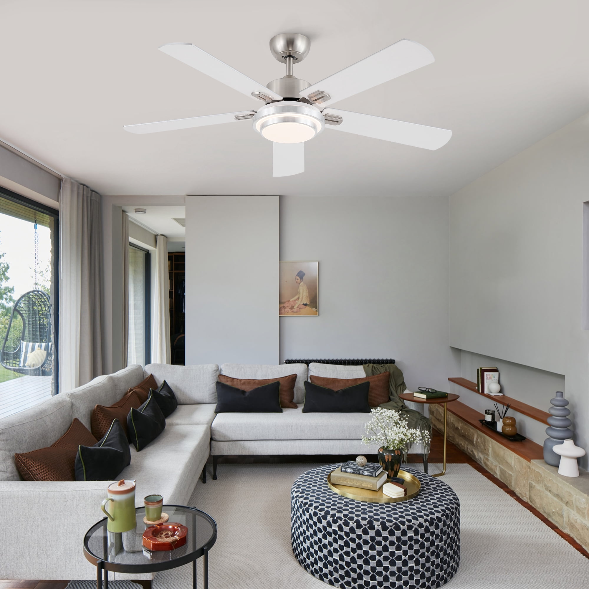 Leumius 52" Brushed Nickel Ceiling Fan with Intergrated LED Light Kit with Remote Control, 5 Plywood Blades and Work with Smart APP for Living Room Bedroom