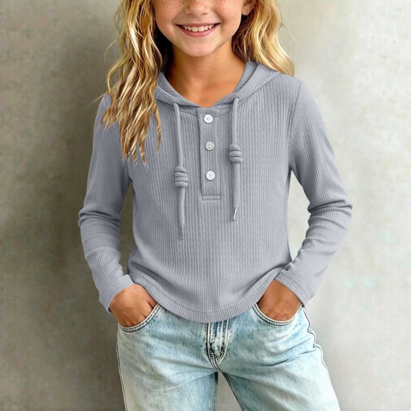 Maqroz Girls Long Sleeve Hooded Shirts Ribbed Knit Fall Tops Kids Button Down Henley Sweatshirts Casual Daily Pullovers School Basic Outfits Active Playwear Size 2-12 Years