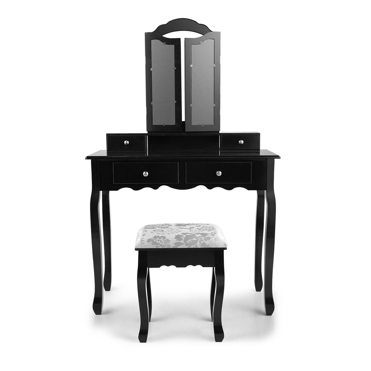 Kepooman Vintage Wooden Vanity Set, Makeup Dressing Desk with Cushioned Stool & Tri Folding Mirror - Black Kepooman Vintage Wooden Vanity Set, Makeup Dressing Desk with Cushioned Stool & Tri Folding Mirror - Black