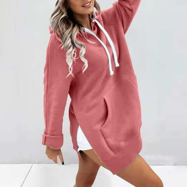 Vente de Liquidation! Pxiakgy Robe à Capuche Surdimensionnée pour Femmes Chandail Décontracté à Cordon de Serrage Long Chandail en Molleton avec Poche Mode Ourlet Fendu Manches Longues Hauts d'Automne Décontractés Rose P