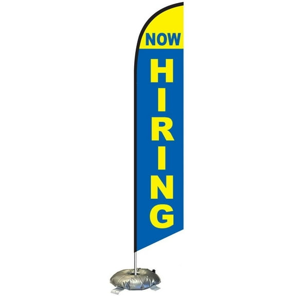 Now Hiring Feather Flag Kit with Cross-Base and Weight-Donut, Outdoor Advertising Banner Swooper Flag, Blue and Yellow