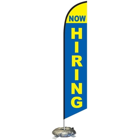 Now Hiring Feather Flag Kit with Cross-Base and Weight-Donut, Outdoor Advertising Banner Swooper Flag, Blue and Yellow