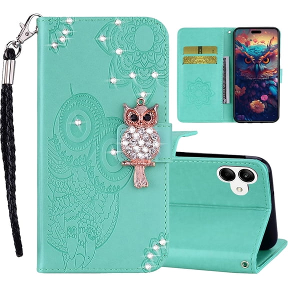 Case for Samsung Galaxy A06 4G with Card Slot Holder & Wrist Strap, Glitter Diamond Rhinestone Owl PU Leather Flip Folio Wallet Cover Case for Samsung Galaxy A06 MTY- MTY-Green