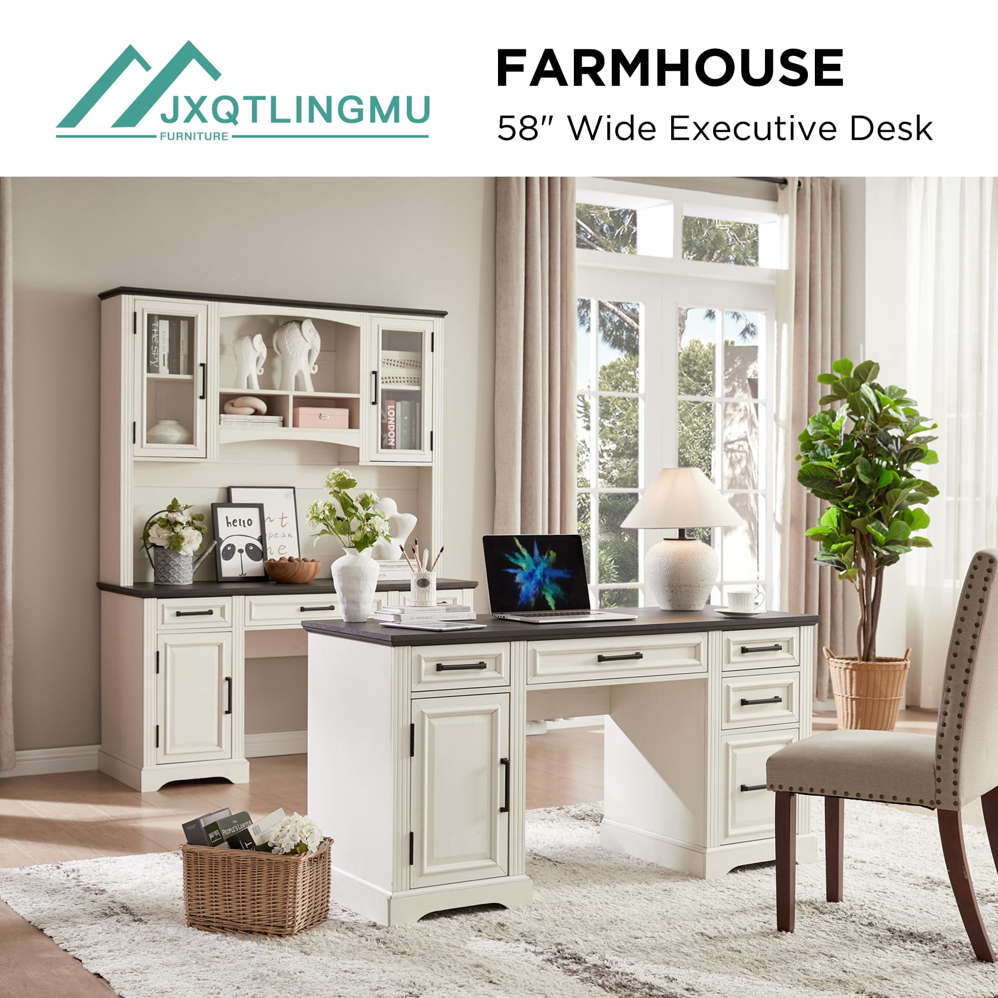 Danolapsi 58 Inch Executive Desk, Farmhouse Computer Desk with Drawers and Cabinets, Embossed Texture Home Office Desk, Work Study Writing Workspace