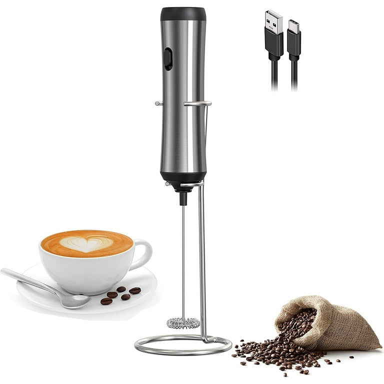 Milk Frother Handheld, Frother with Wireless Charging Base, USB C  Rechargeable Milk Frother, Kitchen Gift Mini Frother with Stand, Electric  Milk Frother for Coffee Cappuccino Frappe Matcha-Black 