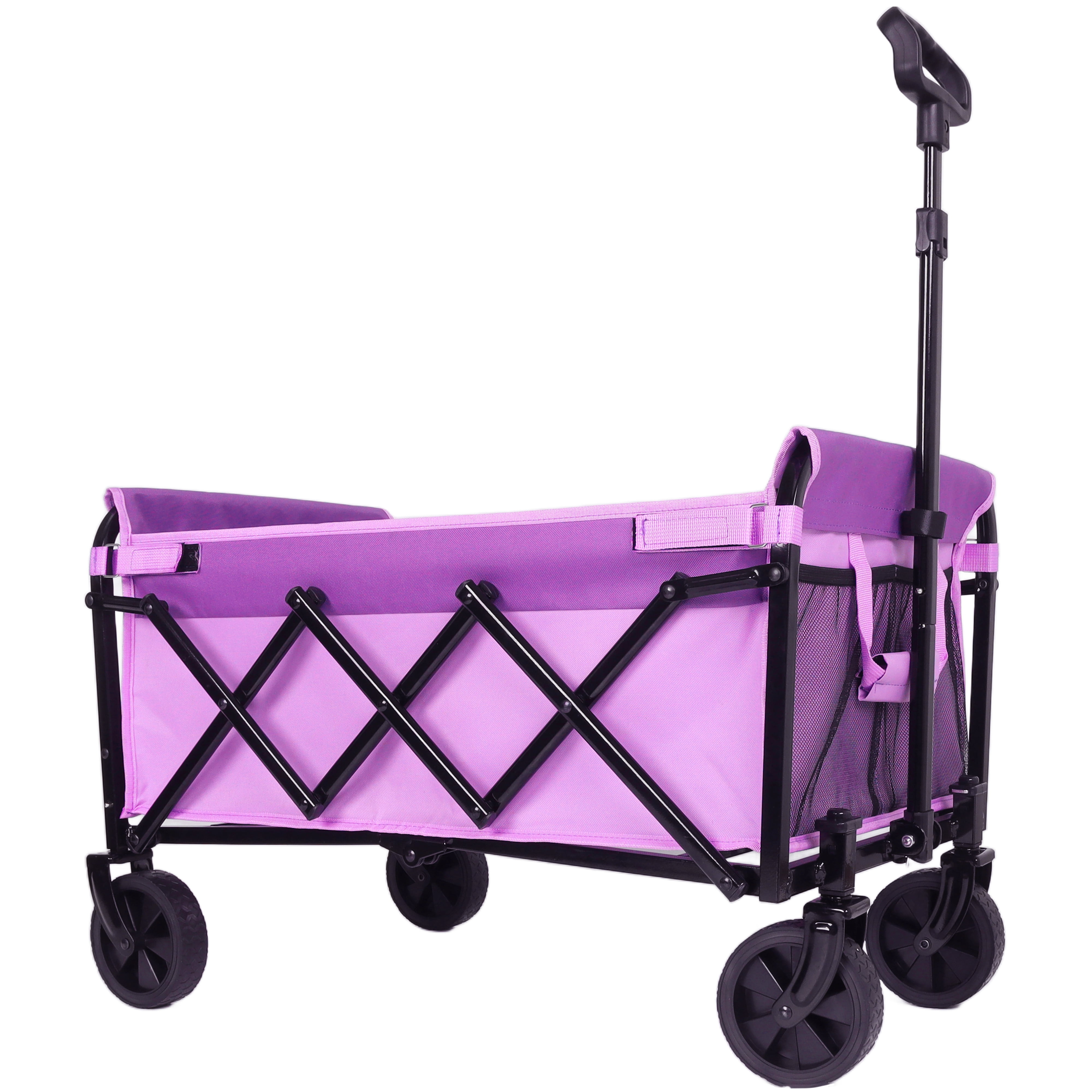 Collapsible Wagon with Wheels, Lightweight Utility Camping Wagons Carts Foldable with 360lbs Weight Capacity, Carts with Cup Holders for Garden, Sports, Grocery, Shopping (Purple)