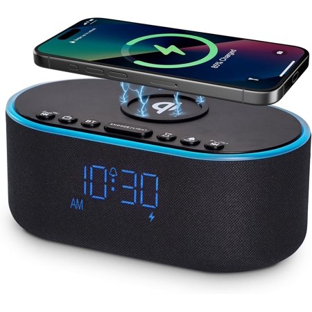 Wireless Charging Alarm Clock Radio: Qi Certified Fast Charger for iPhone - 10W Stereo Bluetooth Speaker Dimmable Digital with FM Radio Bedroom