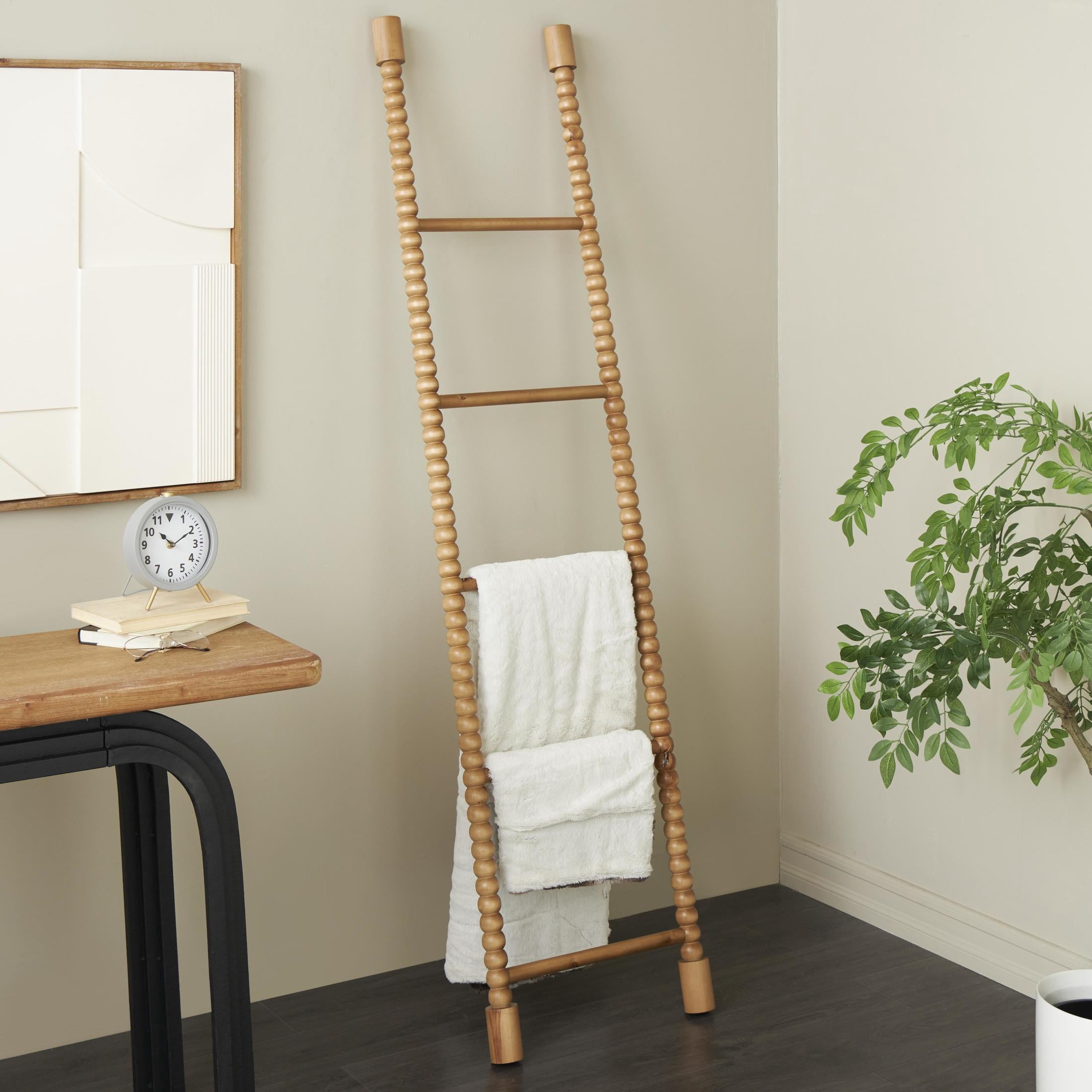 DecMode 17" x 73" Brown Wood Beaded 5 Rung Ladder, 1-Piece