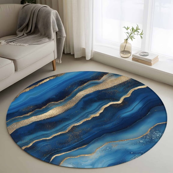 Round Rugs 4Ft, Navy Blue Yellow Marble Round Area Rug Washable Indoor Throw Carpet, Contemporary Abstract Ink Painting Soft Non Slip Circle Rug for Kitchen Nursery Room Home Decor Aesthetic