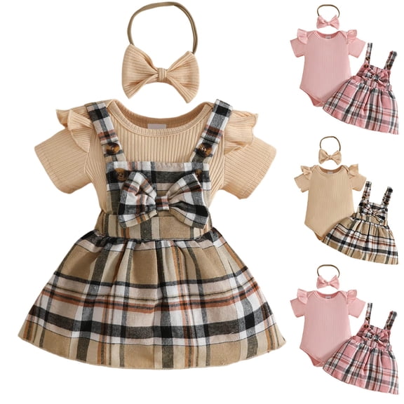 Toddler Summer Romper Short Sleeve Ruffled Jumpsuit With Plaid Dress Bow Headband Summer Trendy Girls Outfits (12-18 Months, Khaki)