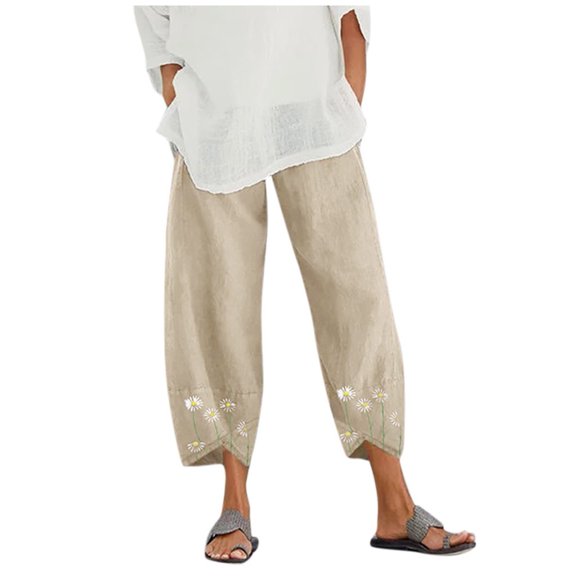 Jxximdong Pants for Women Embroidery Elastic Leg Print Wide Women Waist Casual Pants Cotton Daisy Pants Yellow L Trousers