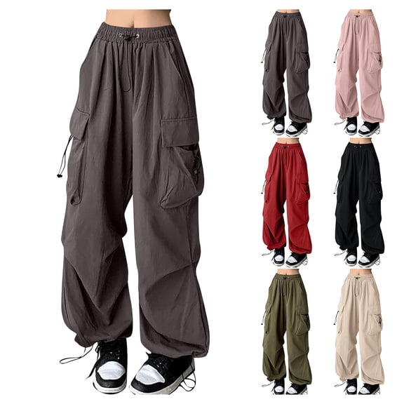 YujiCraft Women's Lace-Up Elastic Waist Solid Color Casual Trousers, Slim Fit Ankle Pants with Belt Loops,L